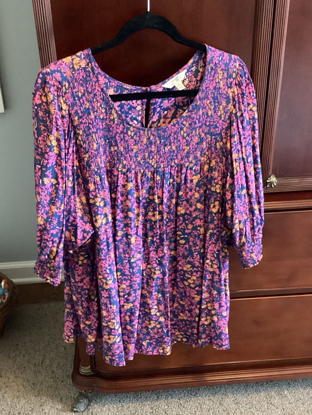 Terra & Sky Purple Floral Smocked Peasant Blouse with Pink and Yellow Flowers
